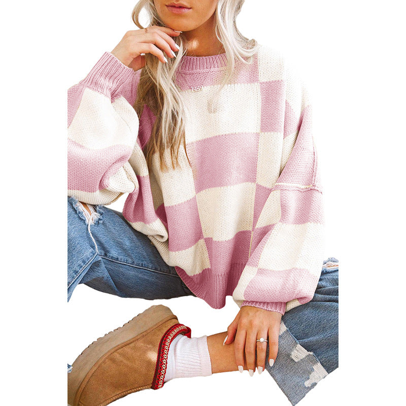 Casual Plaid Printed Long-Sleeved Top Women Autumn Warm Pullover Crew Neck Sweater
