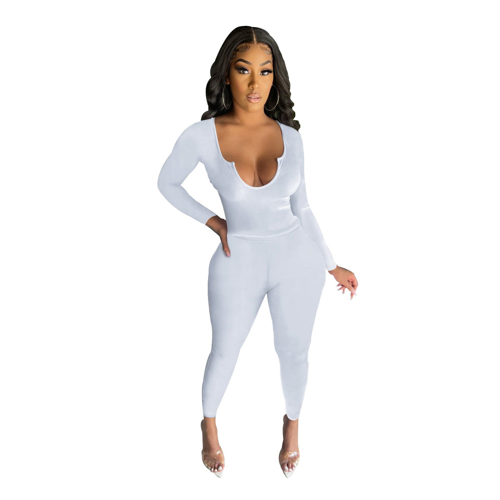 Women Clothing Sexy Deep V Plunge Plunge Long Sleeve Trousers Suit Solid Color Sanding Stretch Two-Piece Set for Women