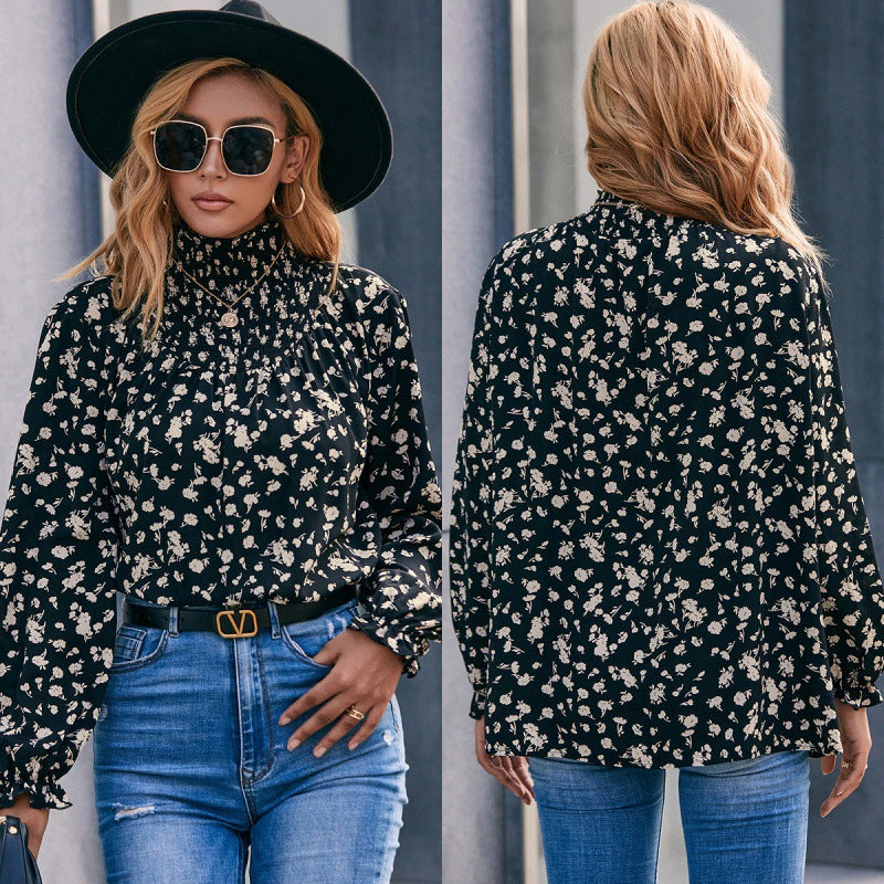 Turtleneck Ruffle Sleeve Floral Smocking Shirt Casual Loose Printed Long Sleeve Shirt Top for Women