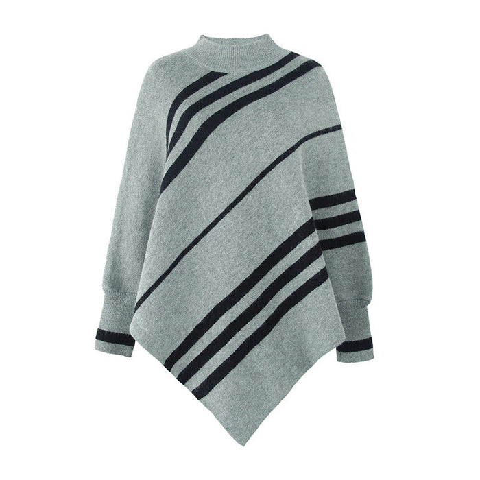 Autumn Winter Cape Shawl Women Sweater round Neck Striped Sweater