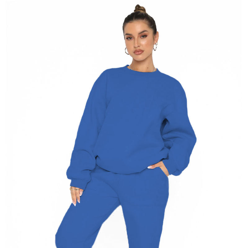 Autumn Winter Solid Color with Fur round Neck Pullover Long Sleeve Sweater Casual Trousers Suit