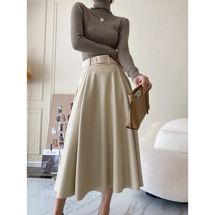 High Waist Petite Skirt Mid-Length Women Autumn Winter A- line Leather Skirt Umbrella Skirt