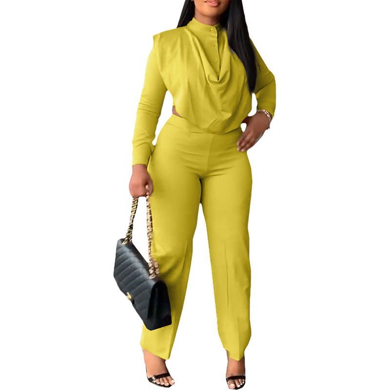 Spring Summer Outfit Solid Color round Neck Casual Top Slim Trousers Elegant Set