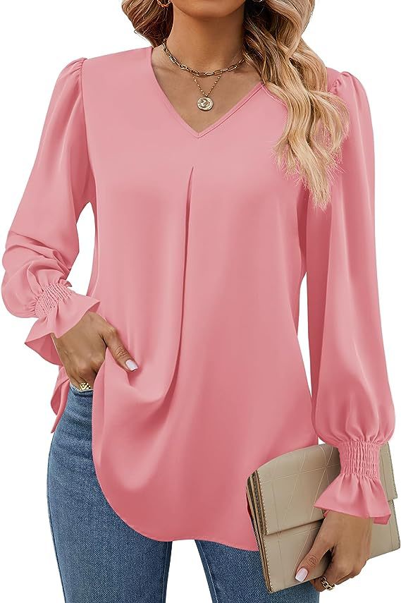 Women Clothing Autumn Winter Solid Color Chiffon Shirt V Neck Pullover Horn Long Sleeve Top Shirt