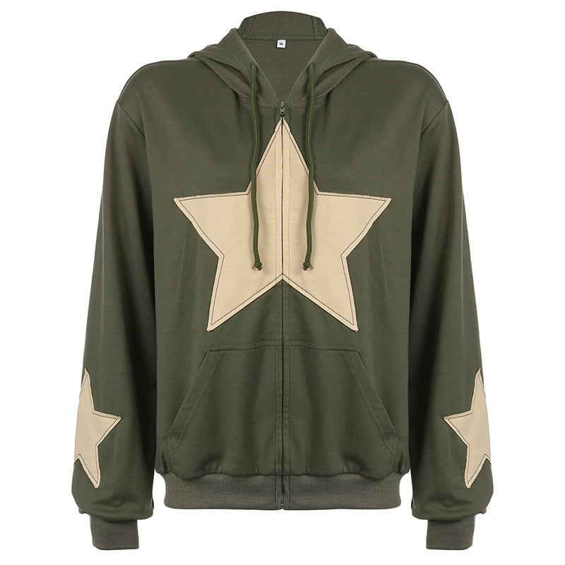Street Five Pointed Star Patch Zipper Large Pocket Hooded Loose Large Hoody Autumn Winter Casual Coat