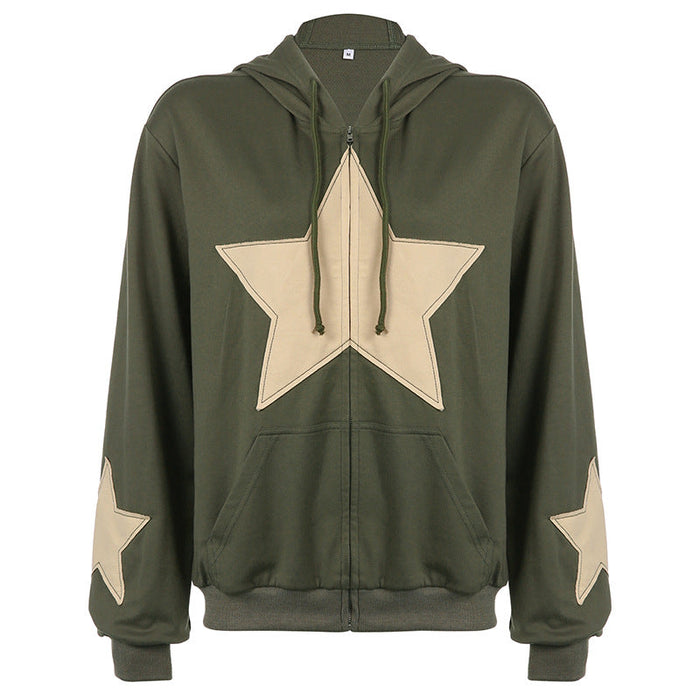 Street Five Pointed Star Patch Zipper Large Pocket Hooded Loose Large Hoody Autumn Winter Casual Coat