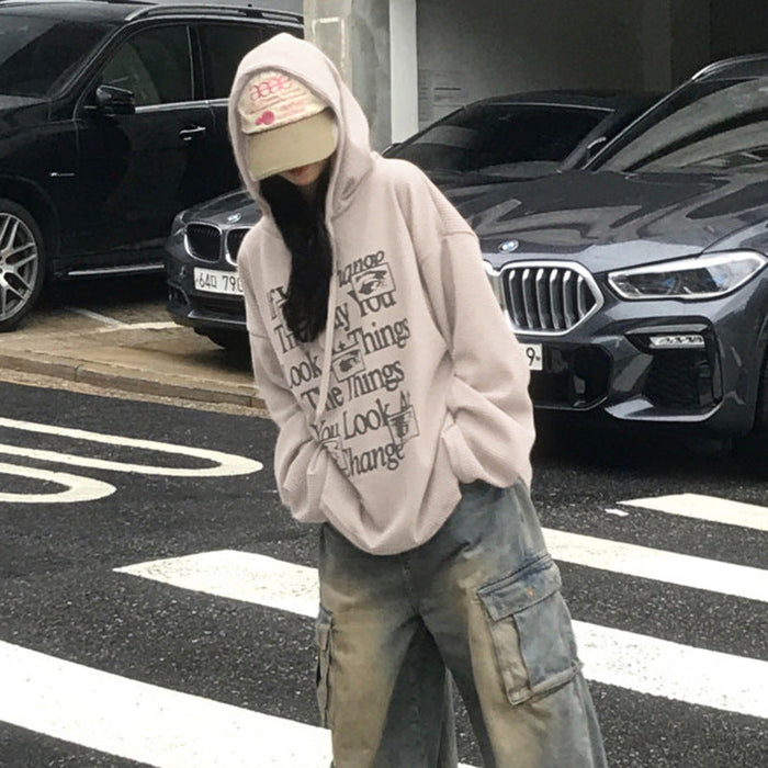 Hip Hop Street Letter Graphic Print Hooded Lace Sweater Loose Casual Sexy Autumn Thin Top