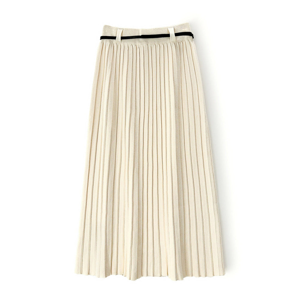 Women Belt Young Pleated Skirt Mid Length Autumn Winter Slim Fit Elegant Knitted Skirt Office Casual Skirt