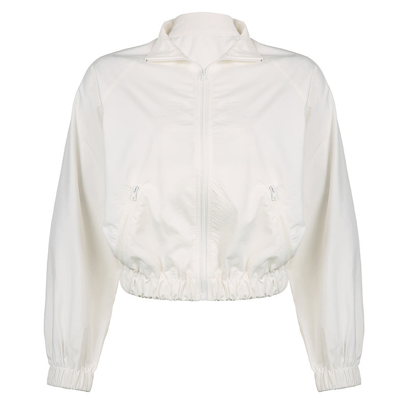 Sports Waist-Tight Turtleneck Sun Protection Clothing Cardigan Women Autumn Loose Long Sleeve White Casual Irregular Asymmetric Zipper Coat