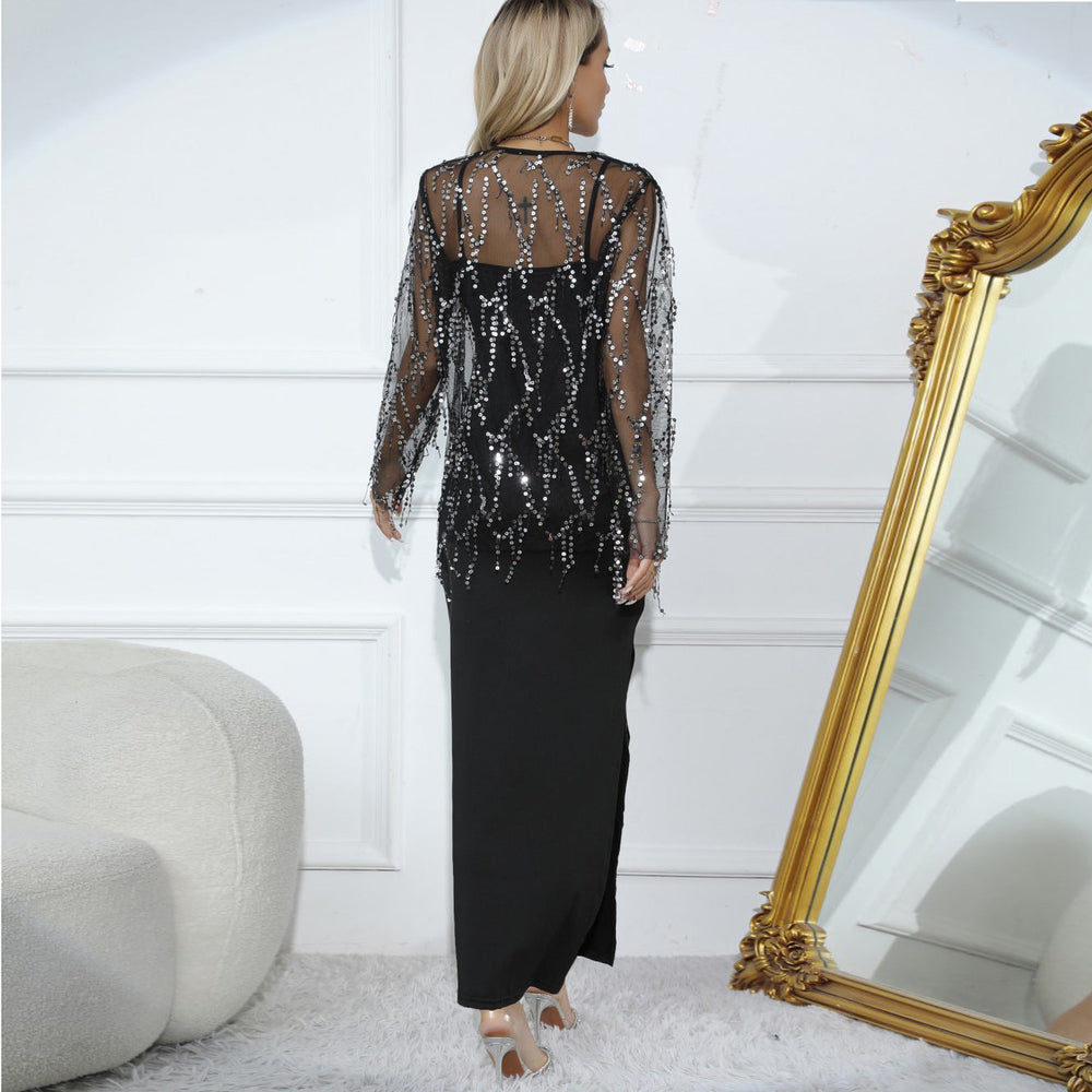 Trendy Live Power Autumn Clothes Clothes Women Clothing Sequined Tassel Blouse Cami Dress Two Piece Set