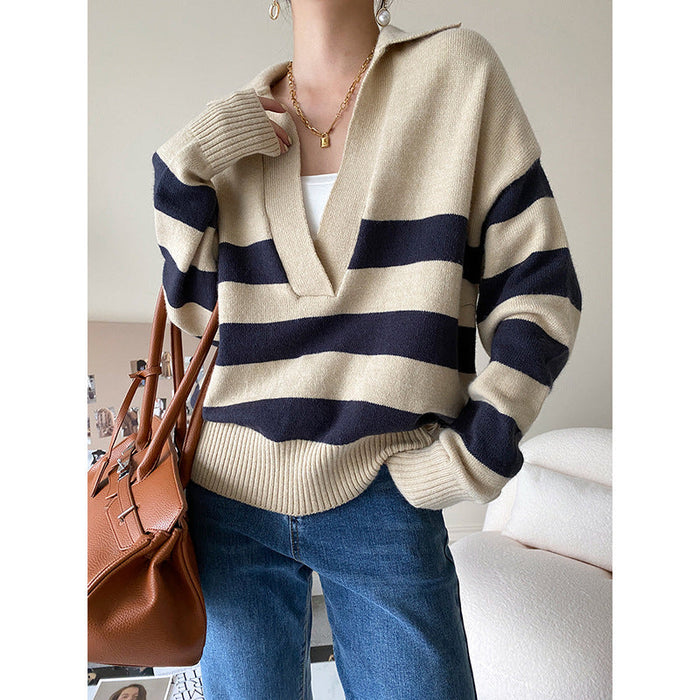 Casual Polo Large V-neck Striped Sweater Autumn Winter Loose Pullover