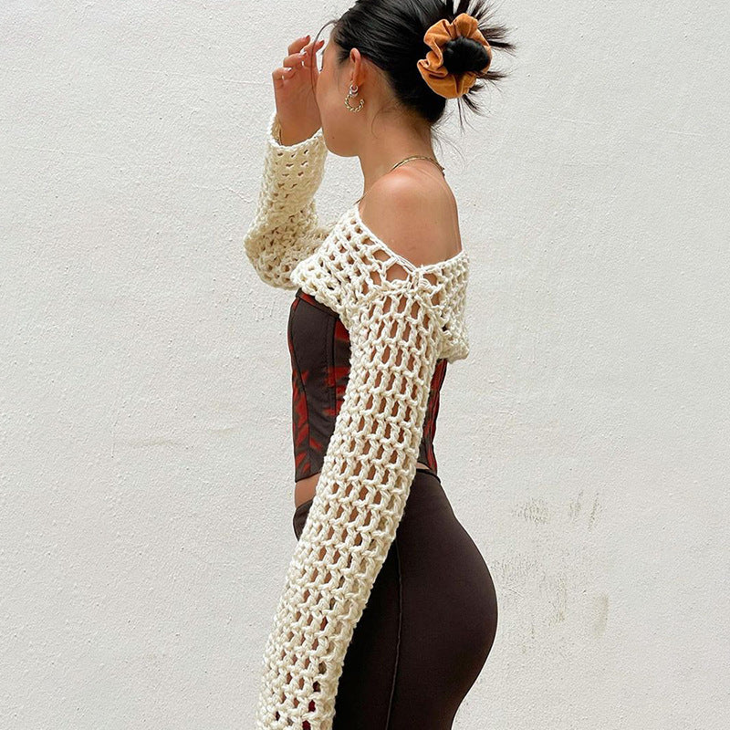 Summer Retro Crochet Knitted Hollow Out Cutout out Long Sleeved Blouse Casual Sexy Street Short Top Bolero