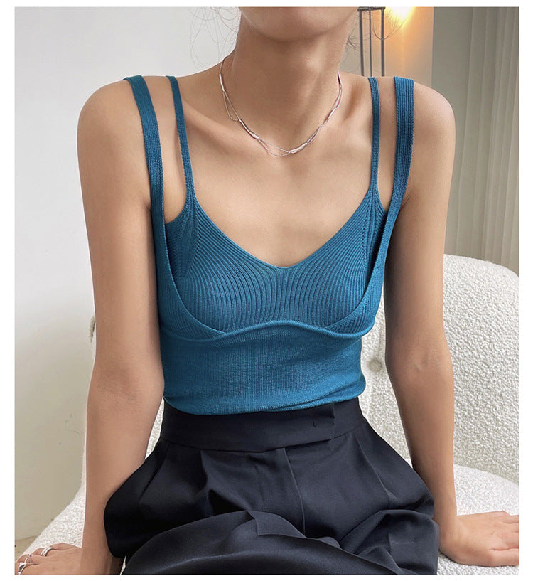 【MOQ-5 packs】 Summer Sexy V neck Backless Double Shoulder Strap Faux Two Piece Slim Fit Slimming Underwear Spaghetti Strap Slip Women