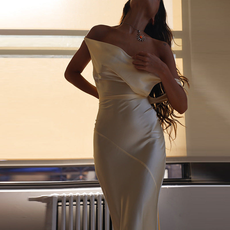 Women off Shoulder Dress Sexy Backless Satin Dress Light Luxury Dress Elegant Fishtail