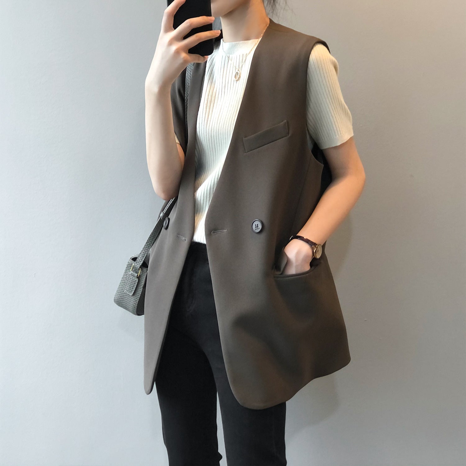 Vest for Women Autumn Korean Loose Mid Length Sleeveless Vest Celebrity Vest