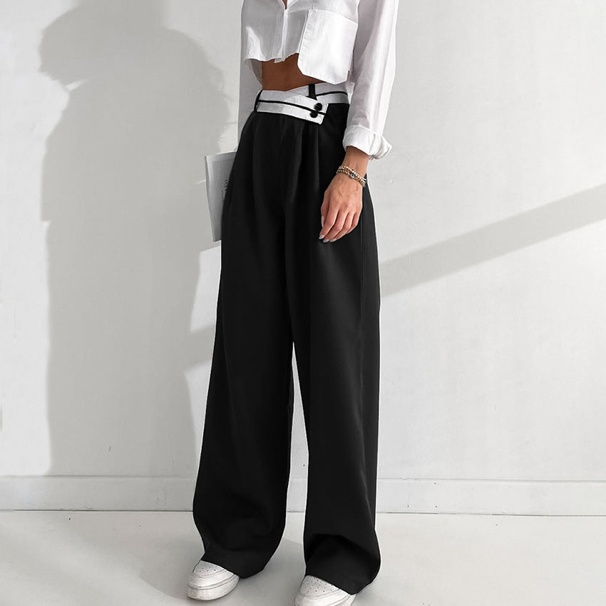 Spring Summer Office Contrast Color Work Pant Women Casual Draping Mopping Pants Wide Leg Pants Design Women Clothing