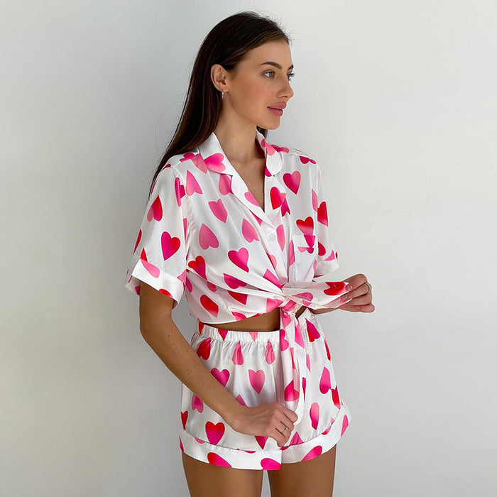 Heart Printing Pajamas Women Summer Short Sleeve Shorts Suit Loose Ice Silk Home Wear