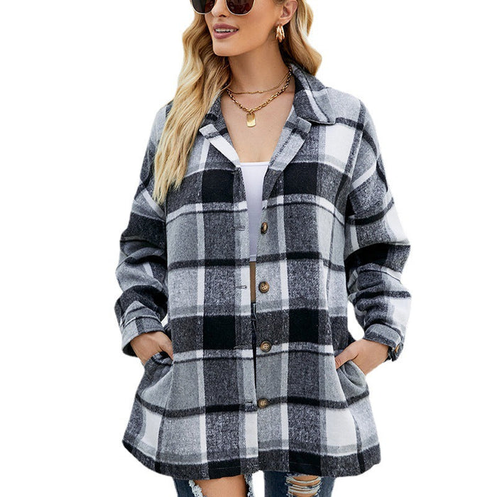 Women Clothing High Profile Figure Autumn Winter Long Sleeved Plaid Shirt Mid Length Woolen Coat