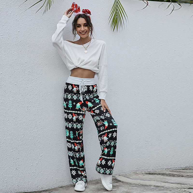Women Clothing Lace-up Casual Trousers Loose Lace-up Christmas Printed Pants