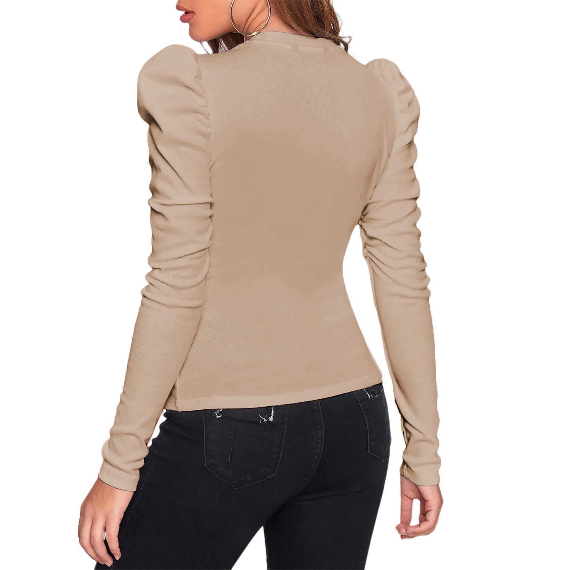 Women Warm T shirt Solid Color round Neck Bubble Long Sleeve Slim Fit Top