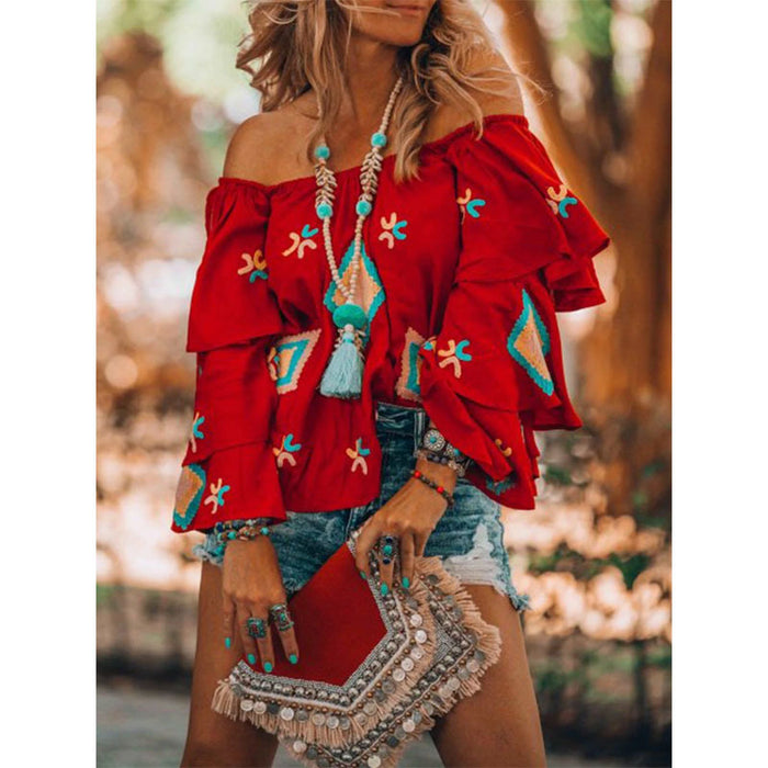 Women Clothing Bohemian Long Sleeved Shirt Women Autumn Red Casual Women Top