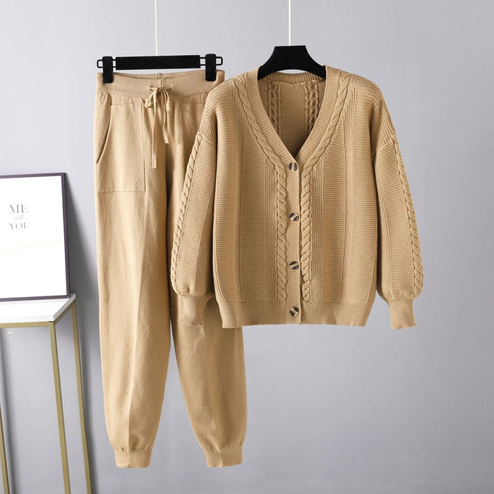 Women Clothing Autumn Winter Knitting Two Piece Twist Cardigan Solid Color Suit Sweater Women