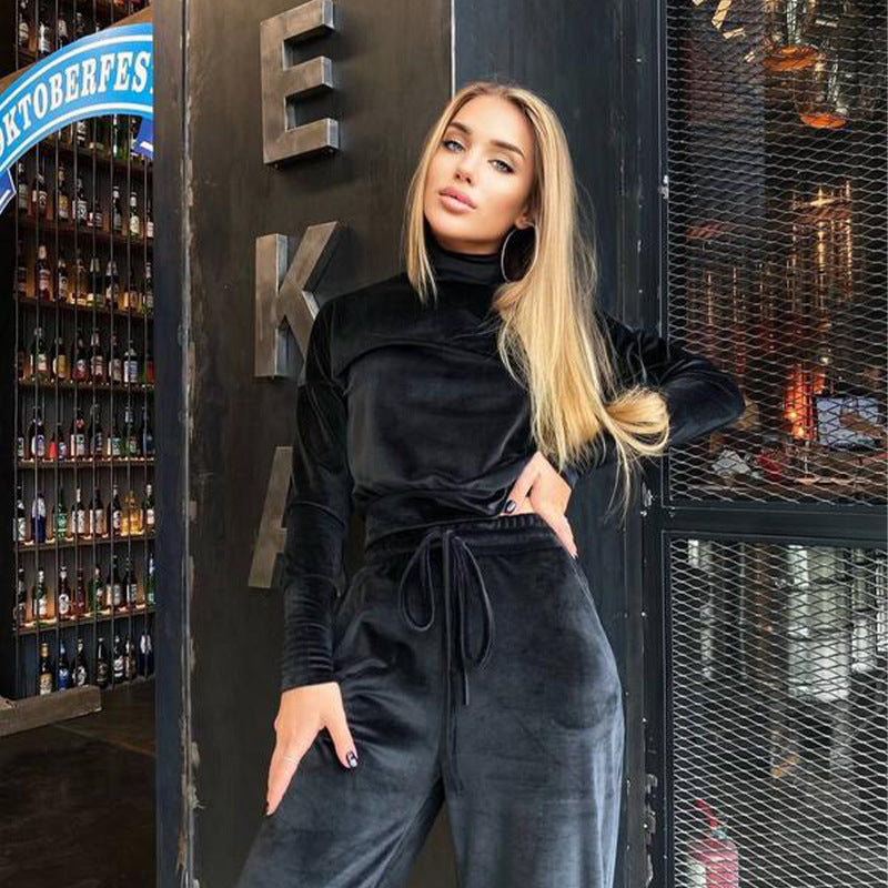 Autumn Winter Casual Set Solid Color Silver Fox Velvet Turtleneck Long Sleeve Top Drawstring Trousers