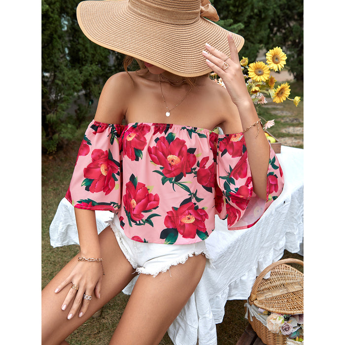 Women Clothing Casual Vacation All Match off Shoulder Floral Shirt