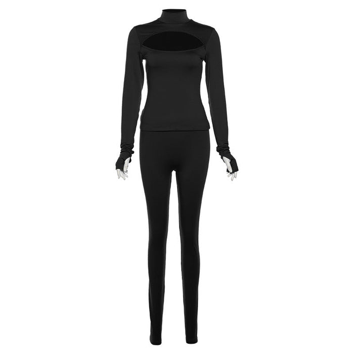 Fall Women Clothing Sexy Cutout Slim Long Sleeve Top High Waist Tight Casual Trousers Set