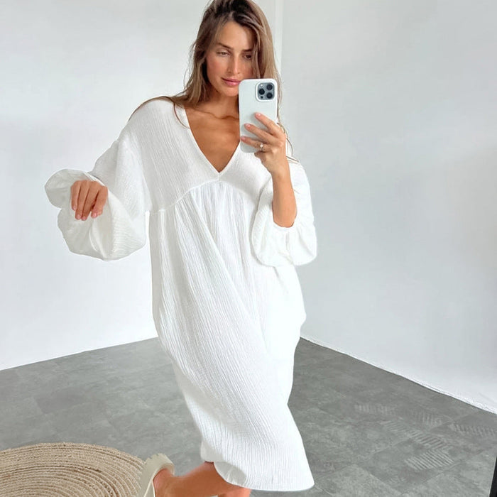 Autumn Double Layer Gauze Cotton V-neck Loose Lantern Sleeve Skin Friendly Pure Cotton Confinement Clothing Ladie Homewear Pajamas