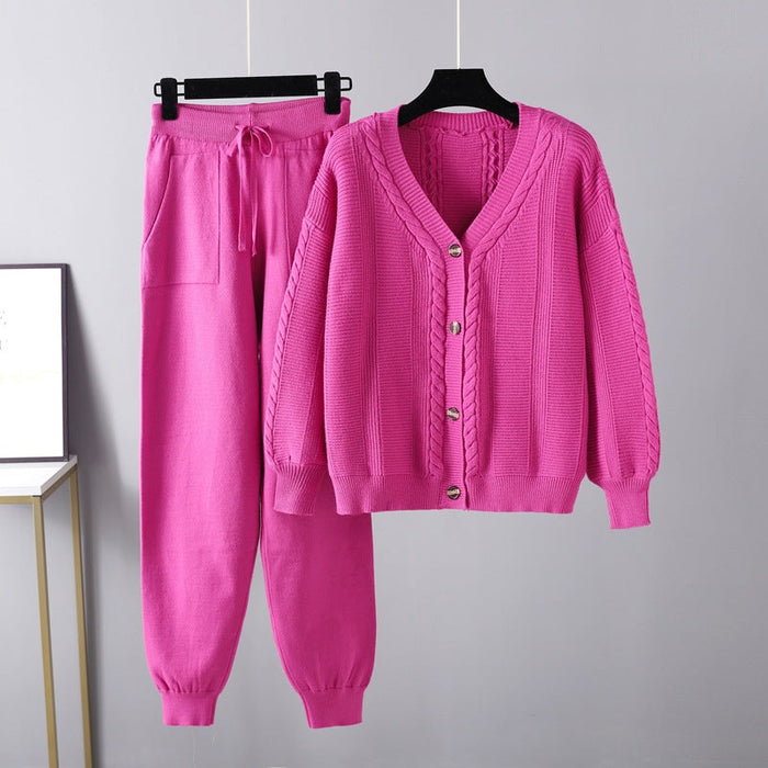 Women Clothing Autumn Winter Knitting Two Piece Twist Cardigan Solid Color Suit Sweater Women