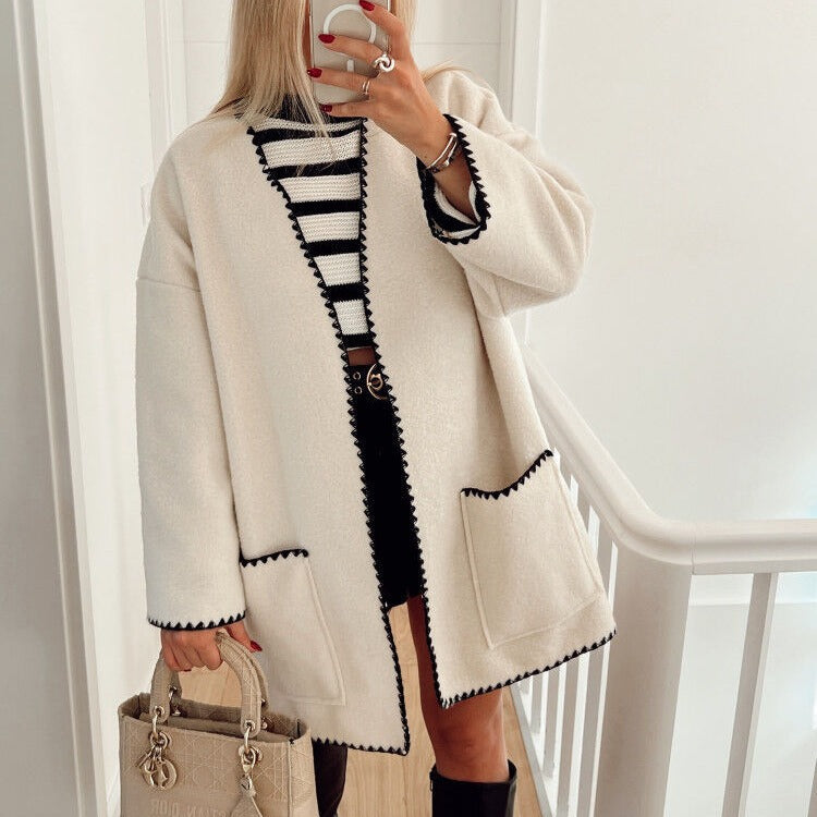 Women Color Contrast Woolen Coat Autumn Winter