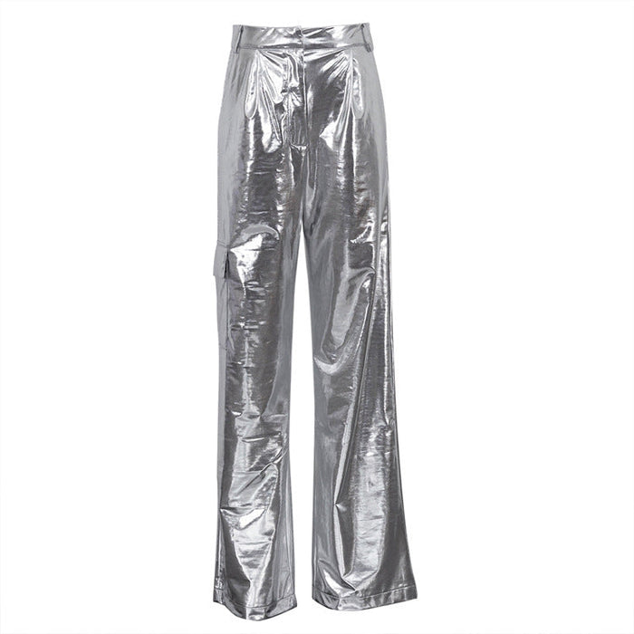 Metallic Coated Fabric Women Clothing Spring Pocket High Waist Faux Leather Pants Women Candy Color Casual Trousers