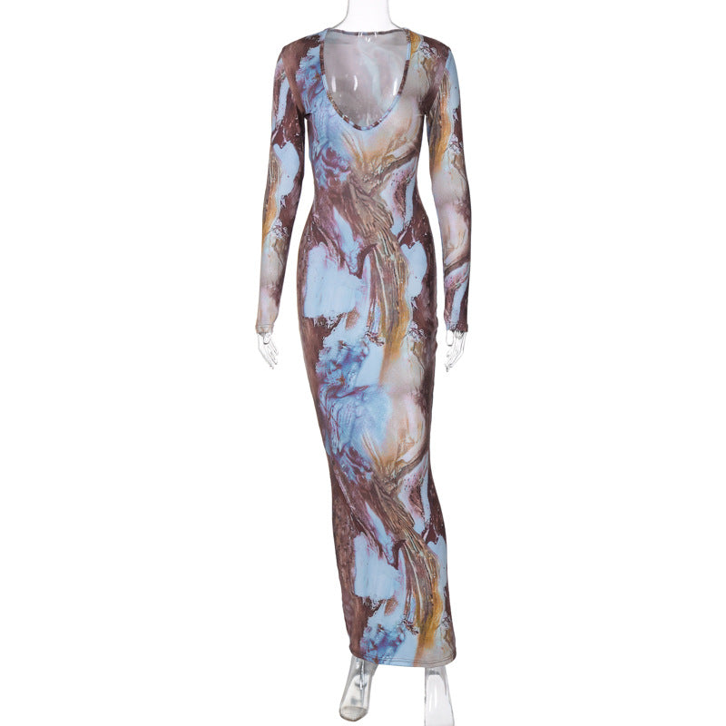 Women Clothing Autumn Winter Multi Color Printed Sexy V neck Tight Waist Slimming Maxi Dress
