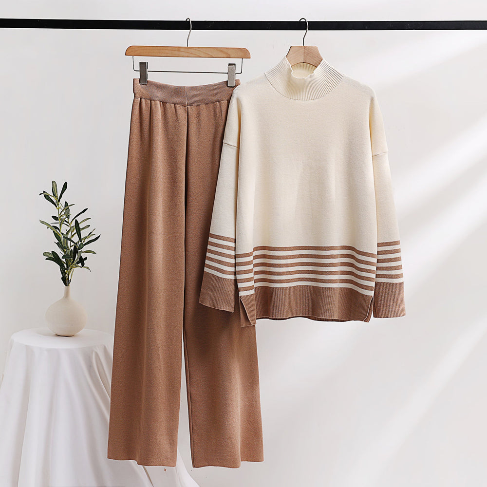 Autumn Winter Knitting Wide Leg Pants Sweater Suit Pullover Stretch Contrast Color Casual Loose Two Piece Suit Women Clothing