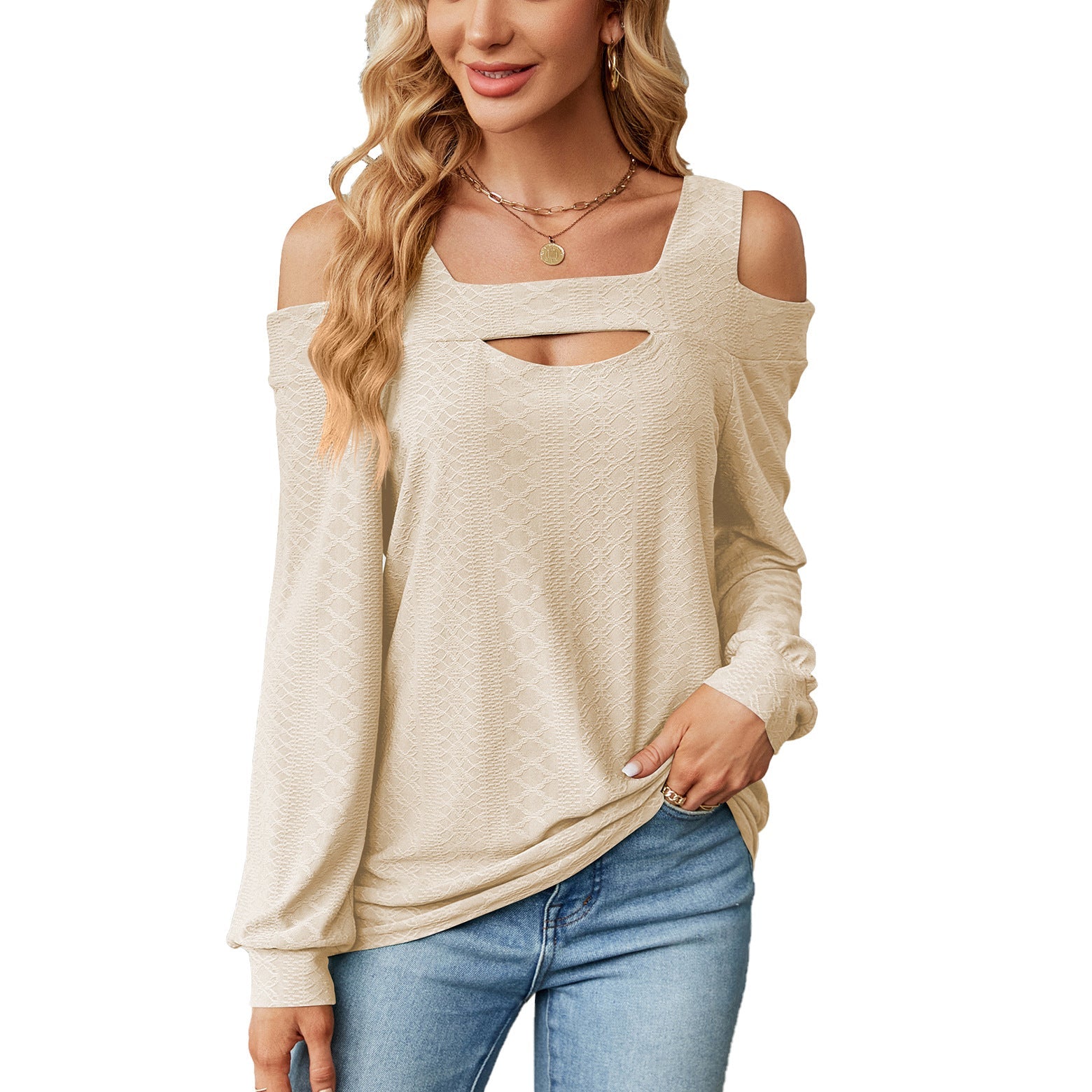 Autumn Winter Solid Color Hollow Out Cutout Loose Long Sleeved T Shirt Top Women Clothing