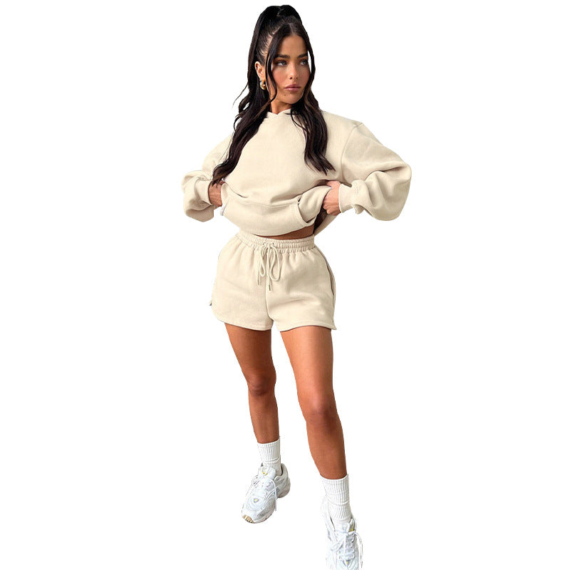 Autumn Winter Solid Color Long-Sleeved Hooded Sweaters Women Clothing Two Piece Casual Shorts sets