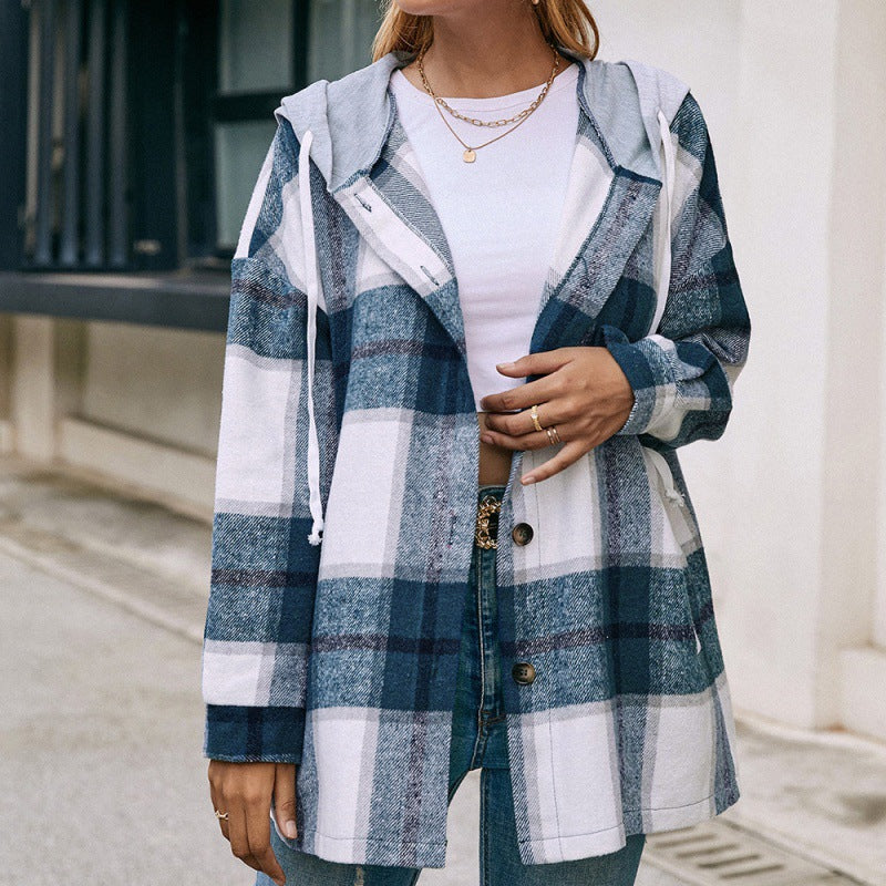 Plaid Shirt Hooded Loose Casual Shacket Jacket Outerwear