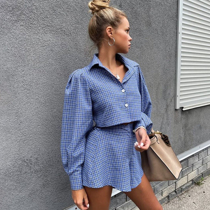 Blue Plaid Street Retro Long Sleeves Cropped Shirt Shorts sets Summer Women  Clothing