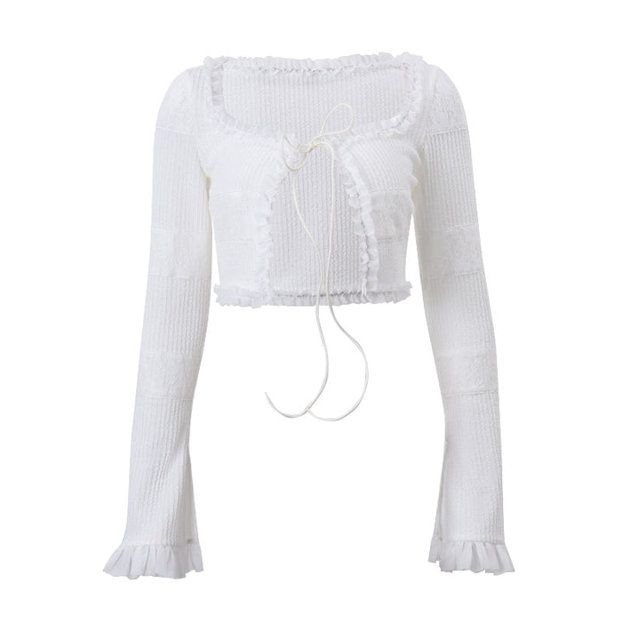 Fall French Square Collar Knitted Lace up Cardigan Long Sleeve Top Cake Skirt Sets