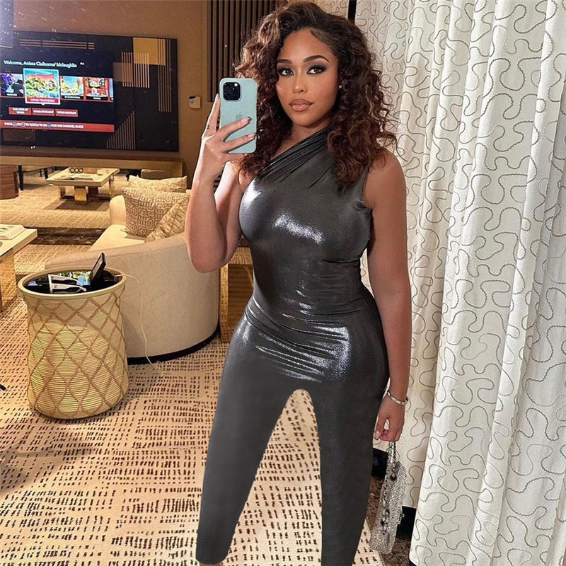 Metallic Coated Fabric Spring Summer Sleeveless Waist Slimming Hip Lifting Women Jumpsuit Trousers Women Club Wear