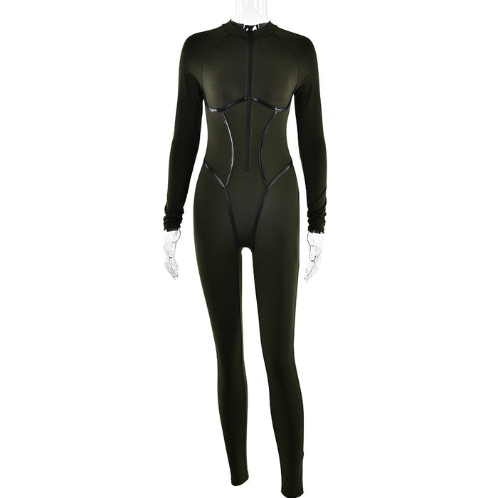 Leather Strap Split Sports Leggings Sexy Tight Long Sleeve Jumpsuit