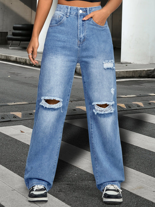 Women Denim Trousers Trendy High Waist Ripped Casual Straight Leg Pants