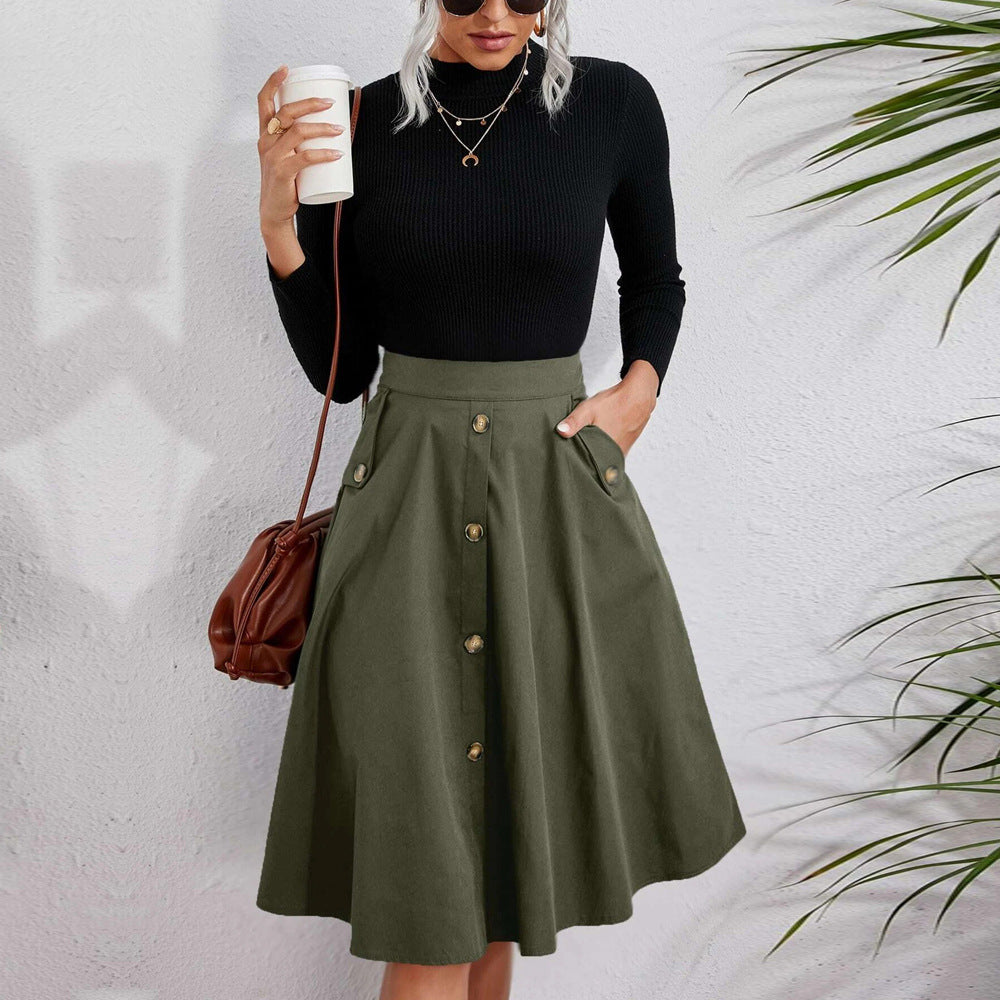 Women Clothing Popular Pocket Button Waist Tight Elegant Umbrella Skirt French Mid Length Skirt