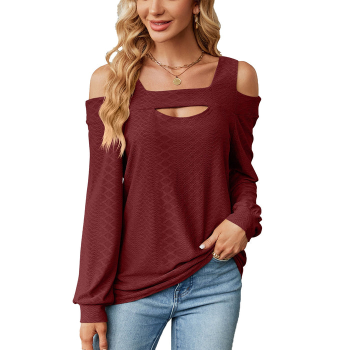 Autumn Winter Solid Color Hollow Out Cutout Loose Long Sleeved T Shirt Top Women Clothing