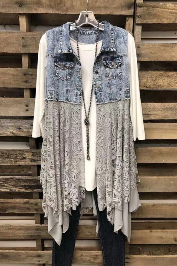 Ladies Coat Spring Summer All-Match Denim Vest Lace Hem Stitching Design