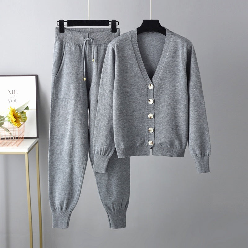 Autumn Winter V neck Cardigan Sweater Harem Pants Suit Solid Color Cardigan Two Piece Sweater