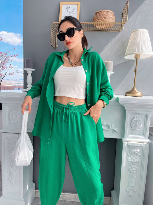 Spring Casual Set Solid Color Polo Collar Long Sleeve Shirt Top Harem Pants Two Piece Set