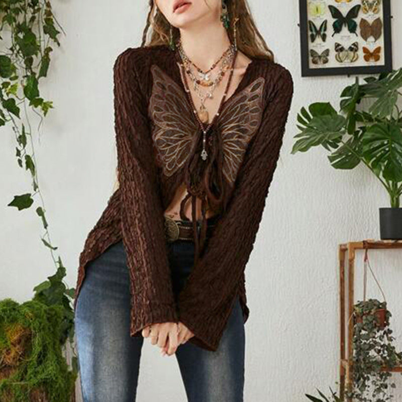 Niche Retro Texture Butterfly Tied Top Sexy Irregular Asymmetric V Neck Long Sleeve Cardigan Autumn