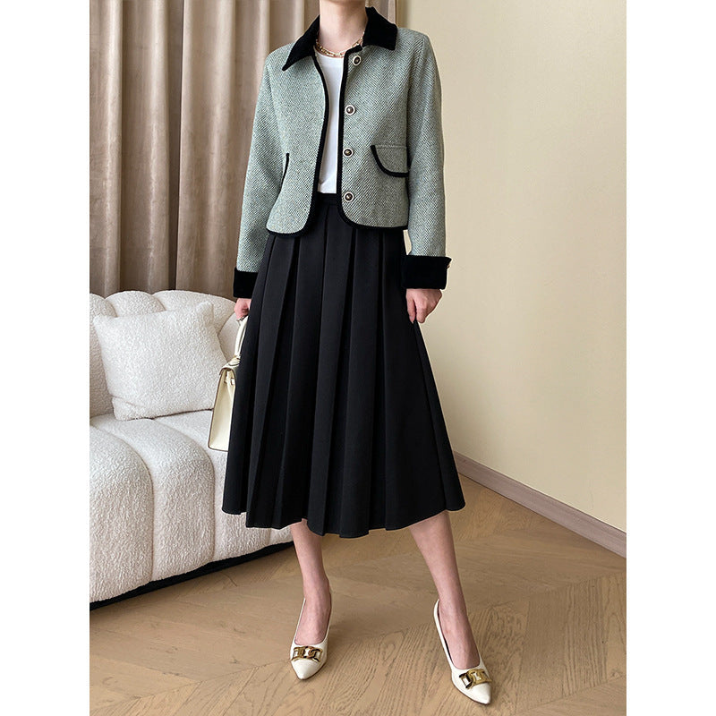 Early Autumn High Grade Elegant French Office Woolen A line Skirt Pleated Skirt